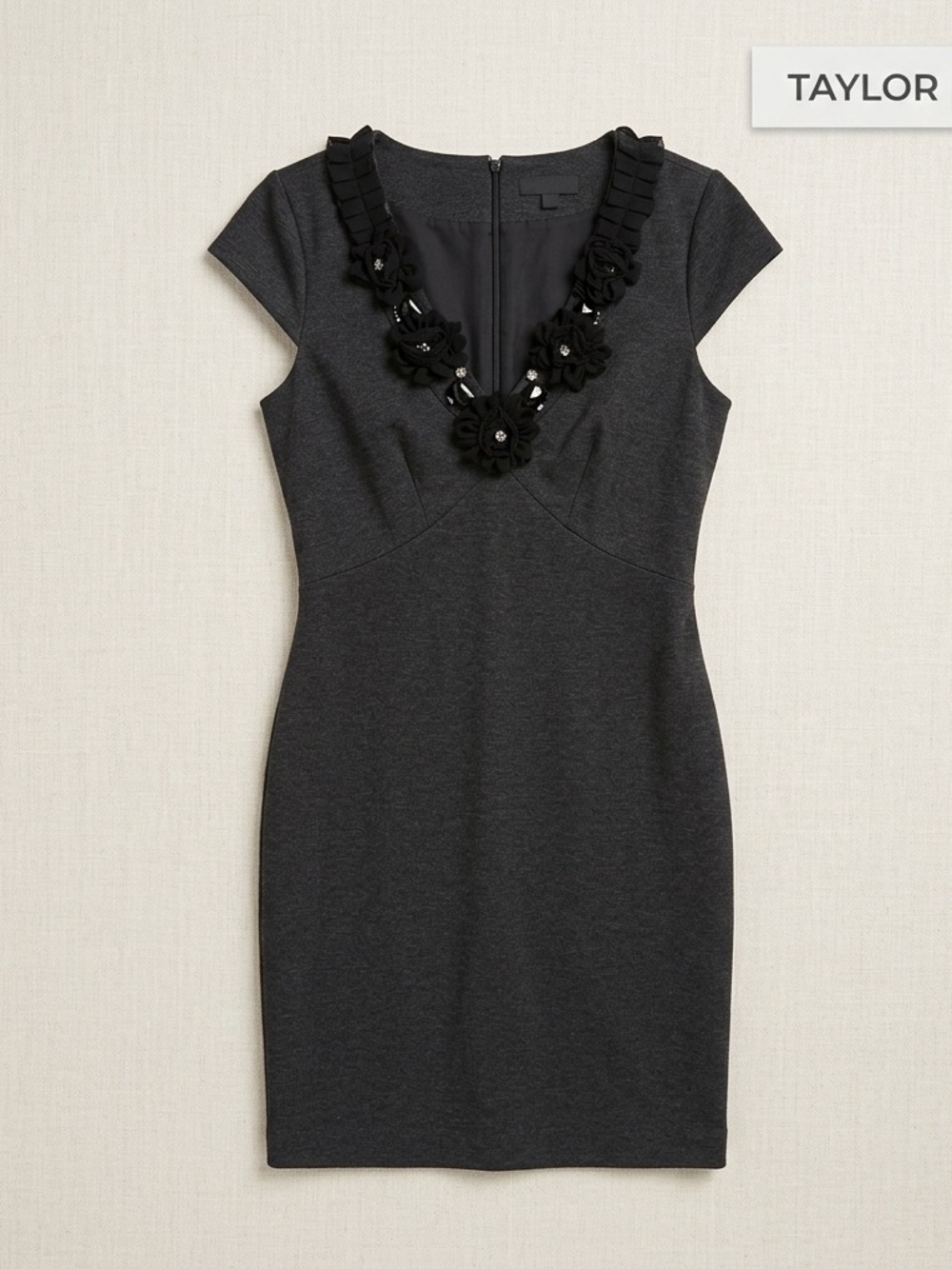 Taylor Charcoal Gray & Black Flower Embellished Sheath Dress, Size 10